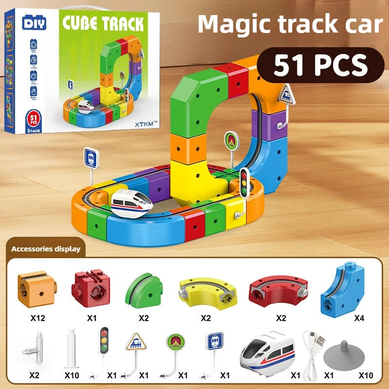 Ensemble de construction de train magique – Jouet de labyrinthe de voiture de rail magnétique électrique pour enfants, cadeau éducatif STEM