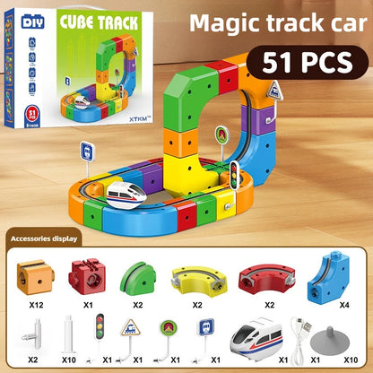 Ensemble de construction de train magique – Jouet de labyrinthe de voiture de rail magnétique électrique pour enfants, cadeau éducatif STEM