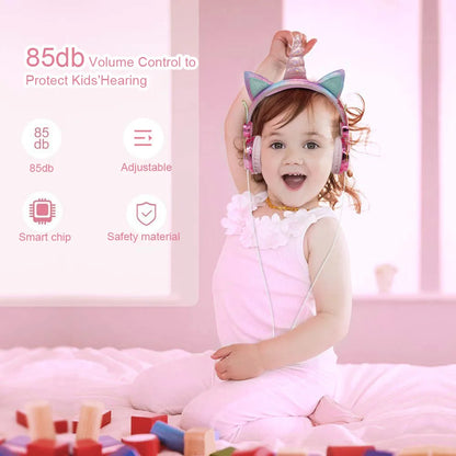 Pink Unicorn Kids Headphones – Cute Diamond Wired Headset with Microphone for Girls & Children, Music Headphones, Birthday & Gift for Kids