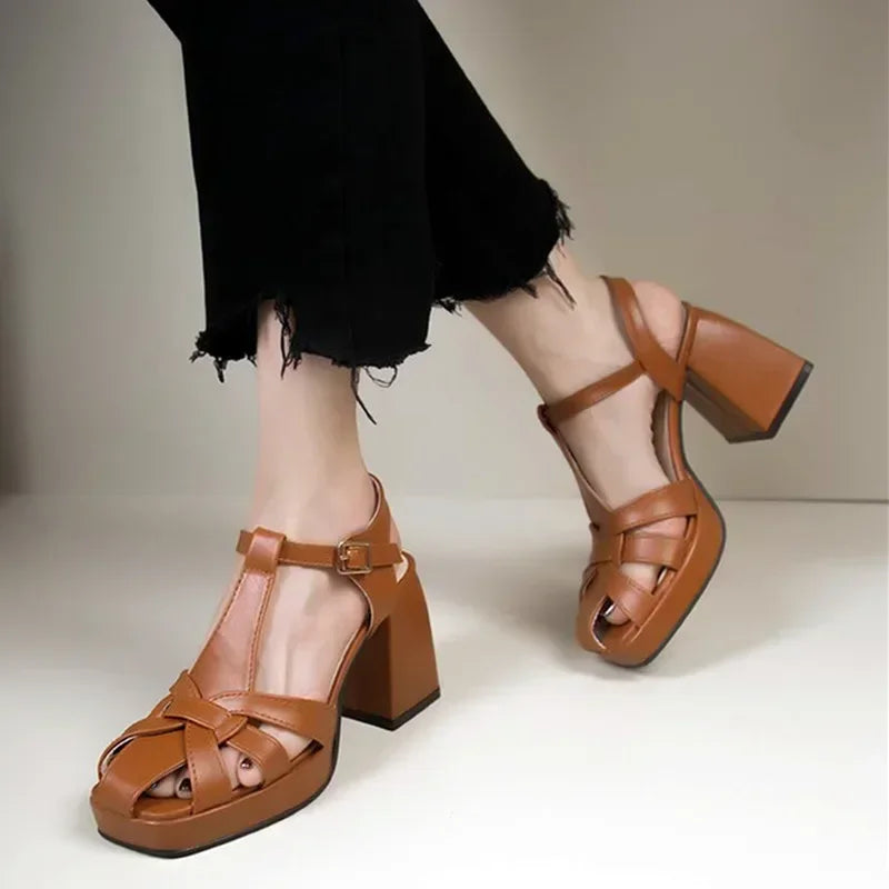 Sandalias de plataforma con tacón grueso para mujer – Zapatos de gladiador retro de cuero PU con punta cuadrada tejida, tacones de cuña de verano