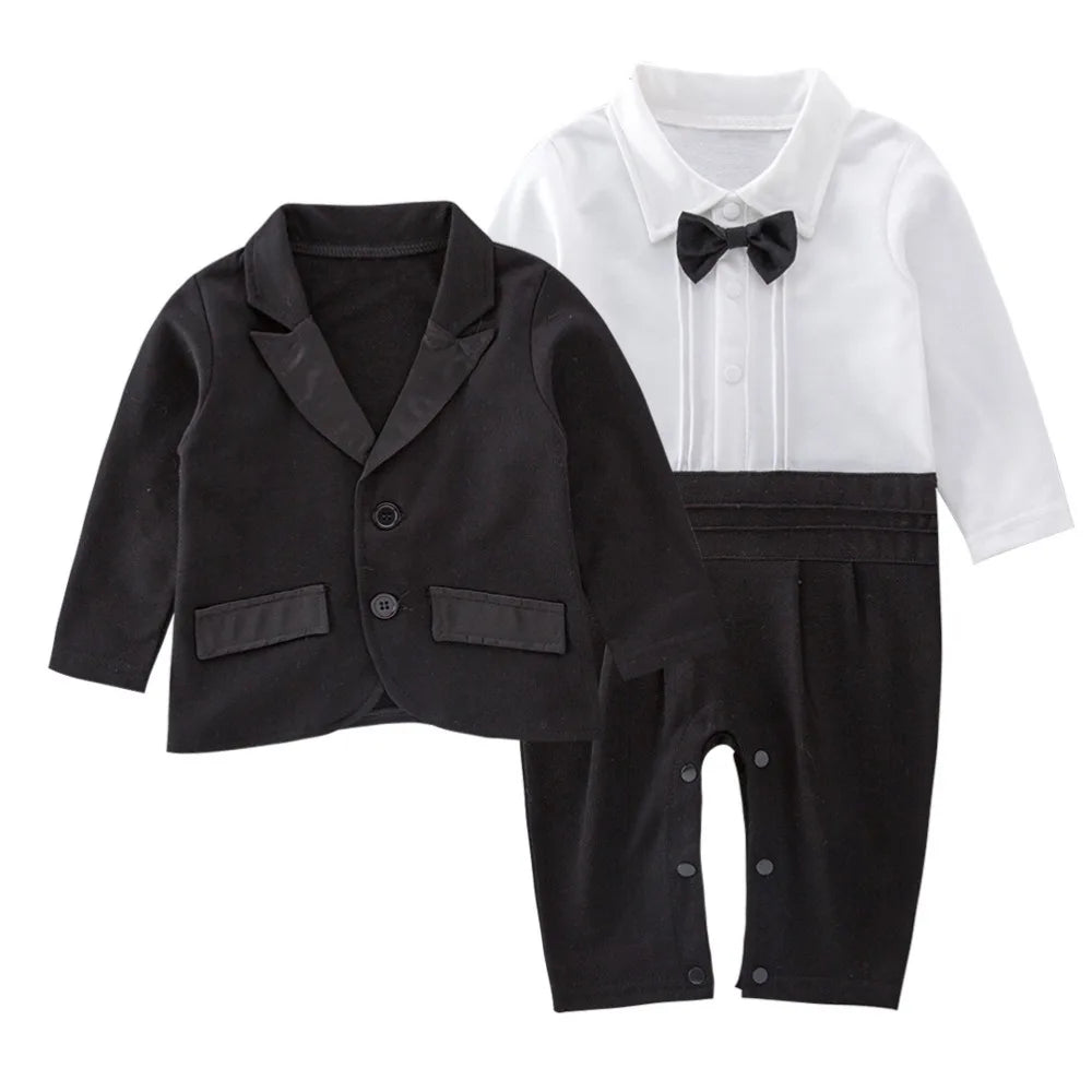 2PCS Baby Boy Gentleman Tuxedo Outfit Set – Black Striped Vest Romper with Bow Tie, Formal Suit Costume for Birthday, Parties & Special Occasions