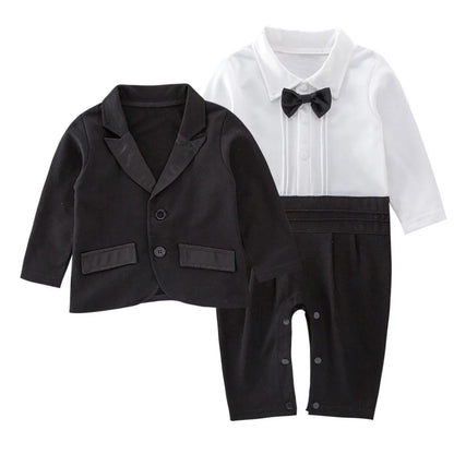 2PCS Baby Boy Gentleman Tuxedo Outfit Set – Black Striped Vest Romper with Bow Tie, Formal Suit Costume for Birthday, Parties & Special Occasions