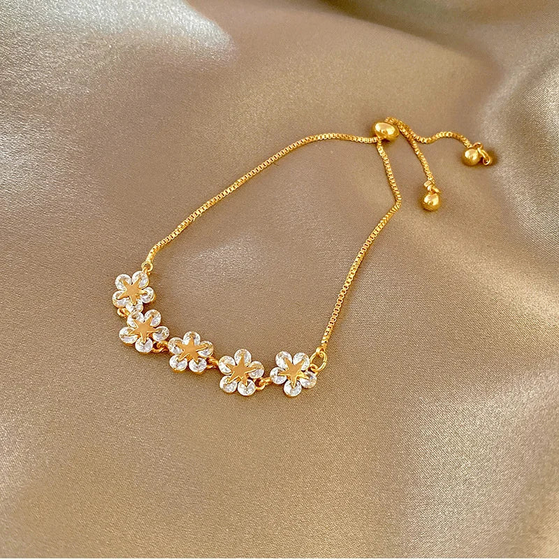 Women’s Fashion Four Leaf Grass Gold Color Adjustable Bracelet Korean Style Wedding Party Jewelry