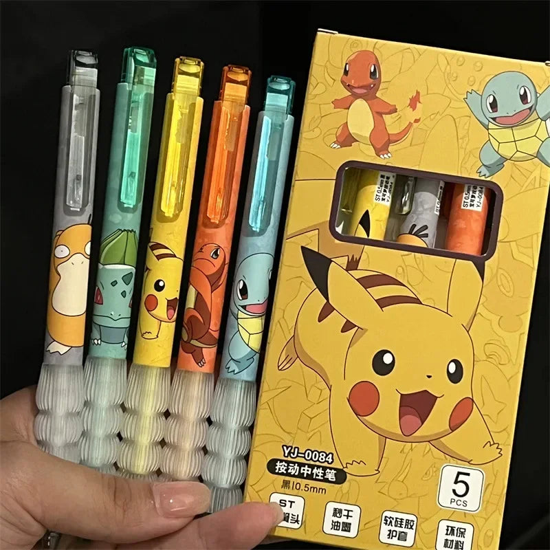 5PCS Pokémon Gel Ink Pens – Pikachu, Squirtle & Charmander Kawaii Cartoon School Stationery Set