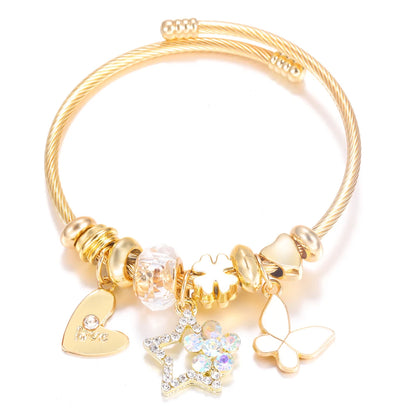Pulsera con colgante de corazón y cuentas – Pulsera de abalorios de acero inoxidable de 4 colores para mujer | Regalo de joyería de moda dorada de tendencia