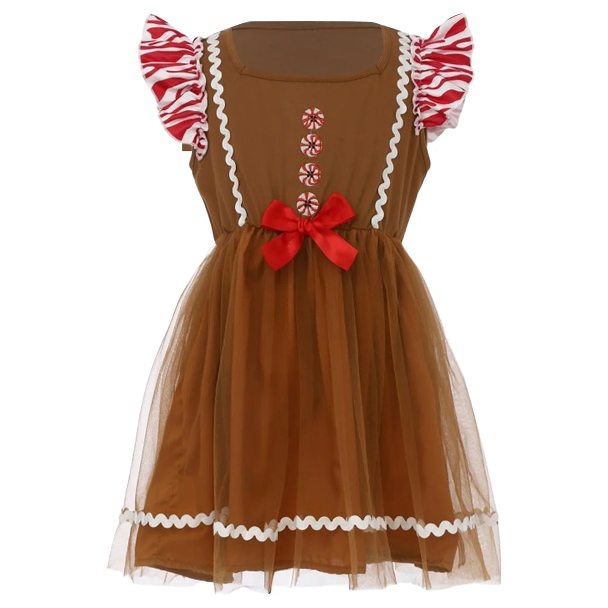 Girls' Christmas Gingerbread Man Costume Tulle Tutu Dress, Square Neck Short Sleeve Cosplay Outfit for Xmas and New Year Parties, Holiday Photo Shoots and Dress-Up Events