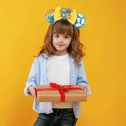Diadema de orejas de Mickey Mouse de Lilo & Stitch – Lazo de lentejuelas de 5" Accesorio para el cabello de dibujos animados para mujeres y niñas | Diadema para fiestas y festivales