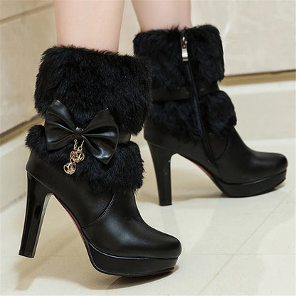 Women’s Winter High Heel Boots – Pink, White & Black Fur Tassel Bowtie Lolita Party & Wedding Shoes, Fashion Boots Size 34–43