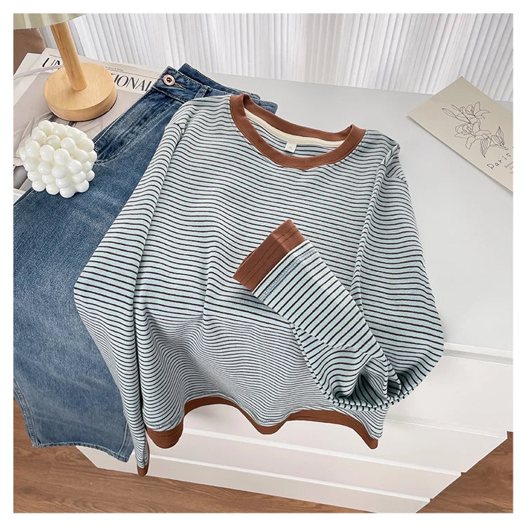 T-shirt rayé rétro à blocs de couleurs pour femmes, à manches longues, col rond, ourlet asymétrique en coton, chemise décontractée de base