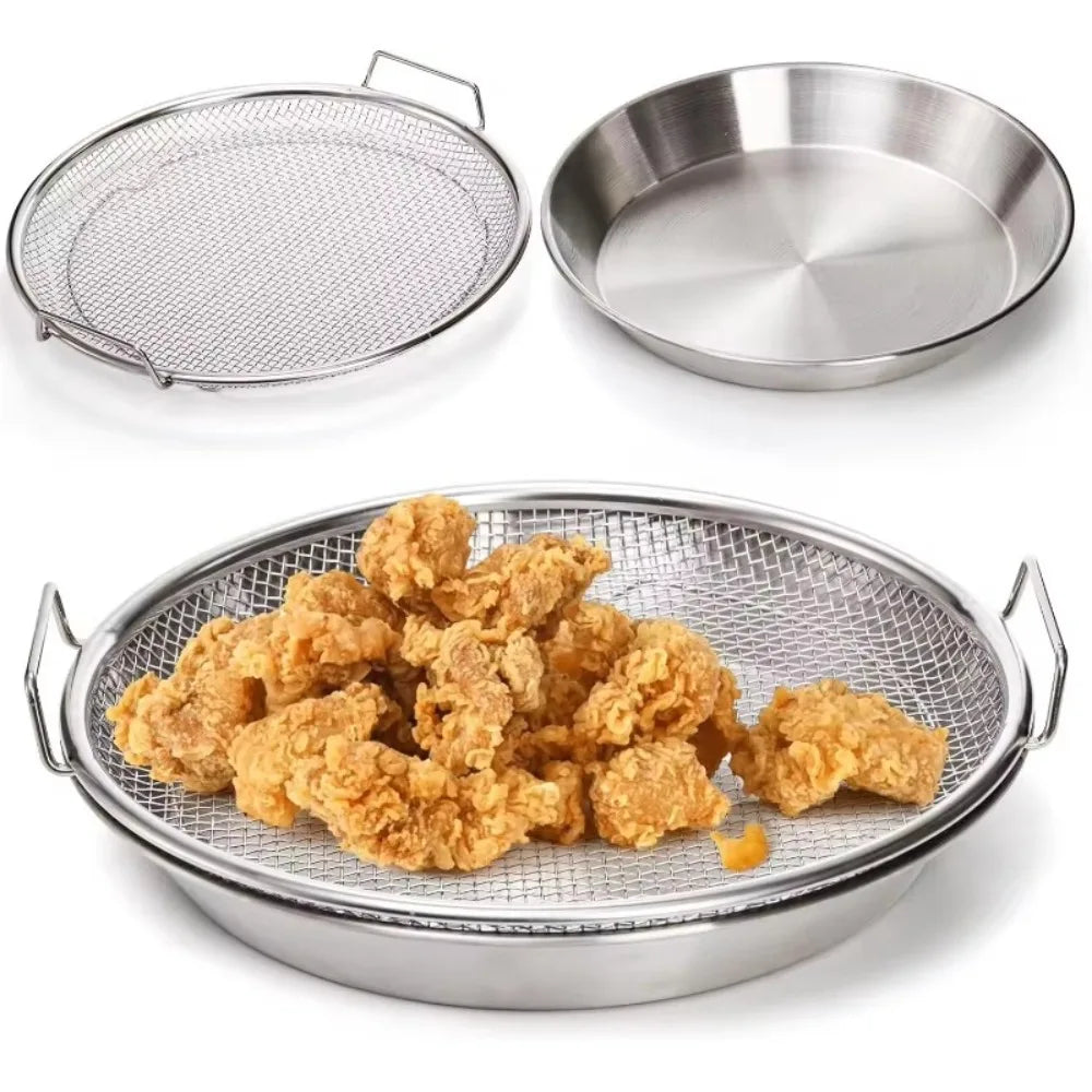 Heavy-Duty Stainless Steel Frying Rack with Tray – Foldable Metal Mesh Oil Draining Basket, Dishwasher-Safe Kitchen Cooking Tool