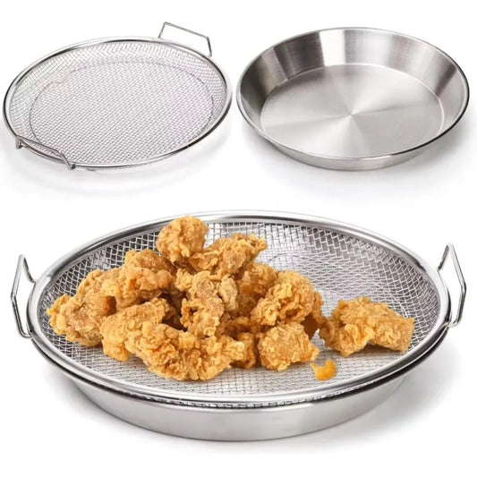 Heavy-Duty Stainless Steel Frying Rack with Tray – Foldable Metal Mesh Oil Draining Basket, Dishwasher-Safe Kitchen Cooking Tool