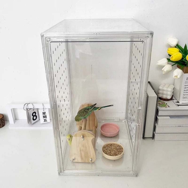360° Clear View Acrylic Bird Cage – Splash-Proof Parrot Enclosure for Cockatiels & Mynah Birds, Easy-Clean Aviary Pet Supplies
