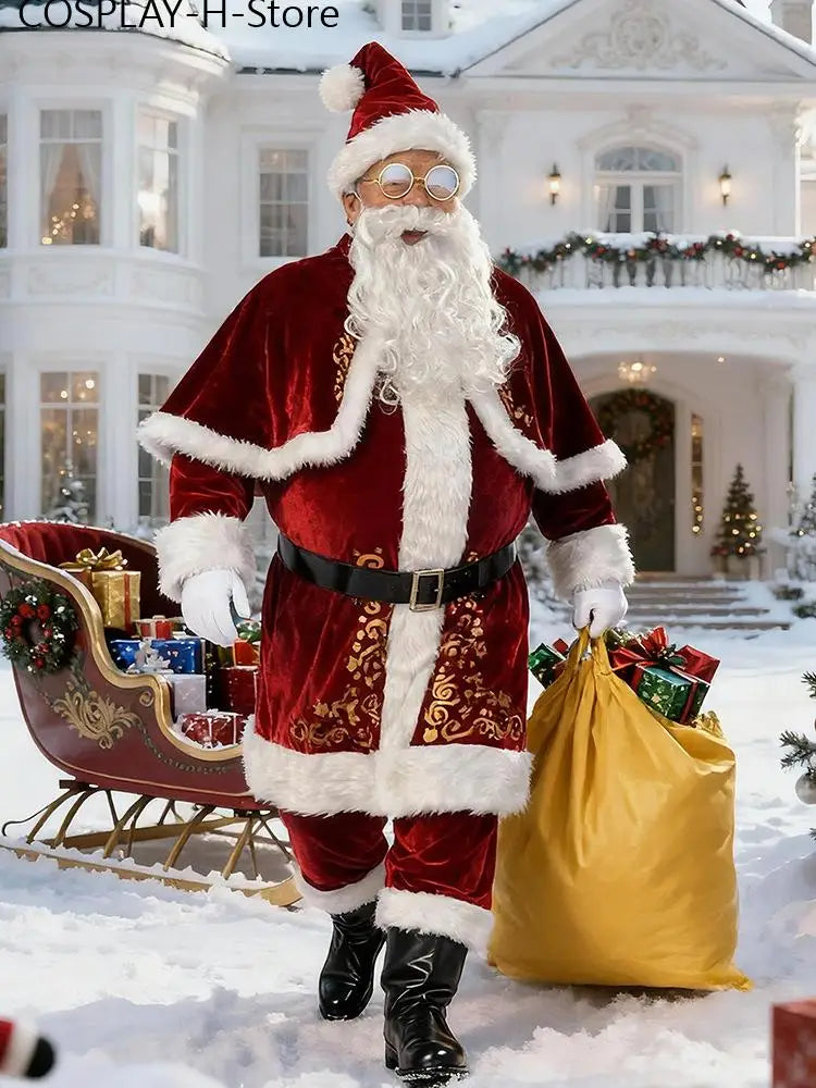 Men's Santa Claus Costume Set Gold Foil Print Christmas Outfit, Sizes M–6XL, Festive Holiday Cosplay Performance Suit for Christmas Parties and Halloween Dress-Up
