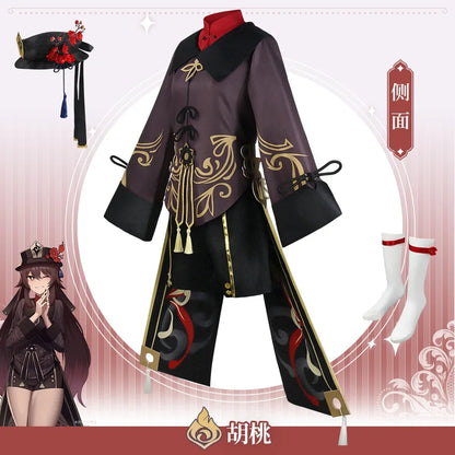 Hu Tao Cosplay Costume Uniforme, Costumes Deluxe, Robe, Chapeau, Chaussettes, Perruque, Accessoires, Bagues, Tenues Hutao