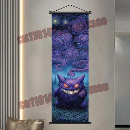 Pokémon Anime Wall Poster – Gengar Eevee Pikachu Scroll Painting Retro Canvas Artwork for Home Decor
