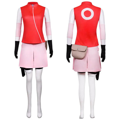 Anime Sakura Cosplay Costume – Ninja Battle Suit (Red Top, Pink Skirt, Bag Full Set for Halloween/Stage Party)