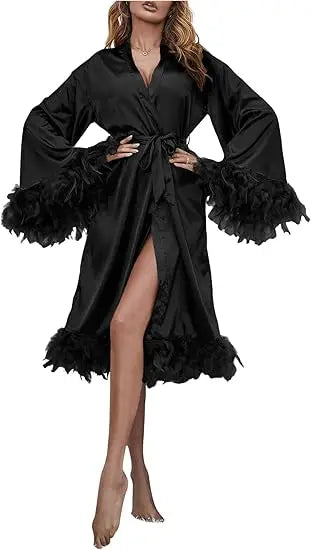 Women’s Satin Robe – Feather Trim Long Sleeve Solid Color Sleepwear Casual Loungewear Bathrobe