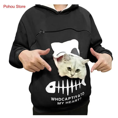 Women's Cute Cat Pocket Hoodie – Long Sleeve Casual Sweatshirt for Spring, Autumn & Winter, Simple Commuter Top with Pet Pocket