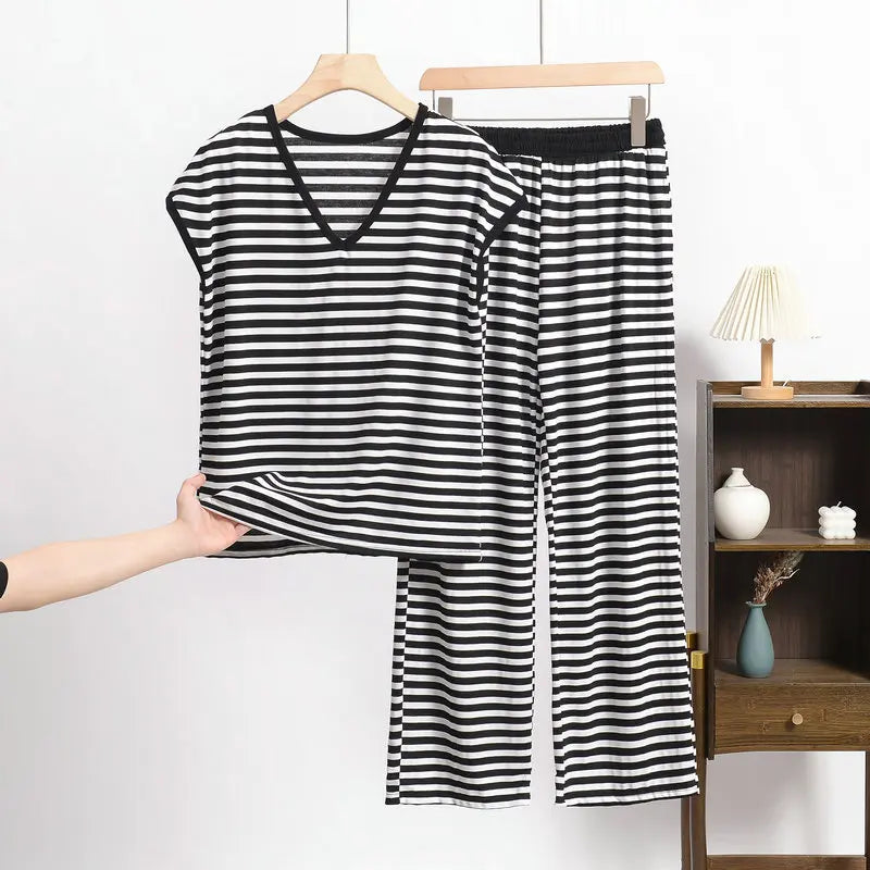 XL-8XL Plus Size Modal Pajama Set – 2PCS Short-Sleeve Striped T-Shirt & Pants, Lightweight Summer Loungewear for Home & Sleep