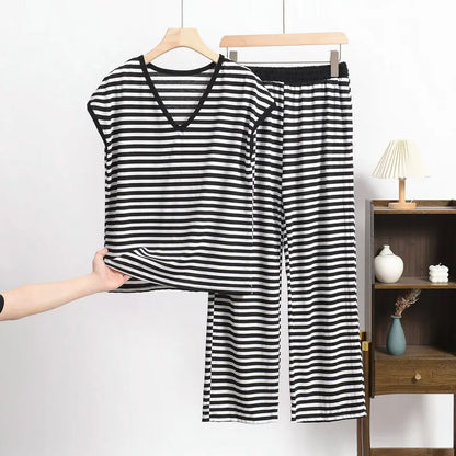 XL-8XL Plus Size Modal Pajama Set – 2PCS Short-Sleeve Striped T-Shirt & Pants, Lightweight Summer Loungewear for Home & Sleep