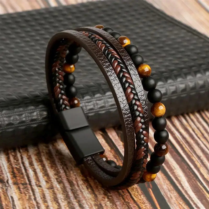 Pulsera de cuero clásica para hombre – Pulsera multicapa tejida a mano para hombre | Accesorio de joyería de moda casual, regalo