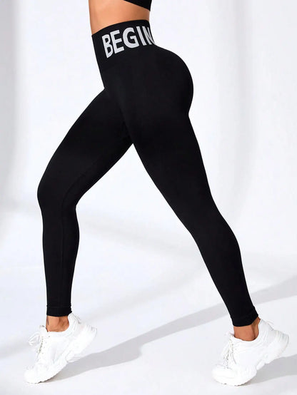 Seamless Yoga Leggings – High-Waist Butt-Lifting Quick-Dry Breathable Workout Tights with Lettering Print for Women