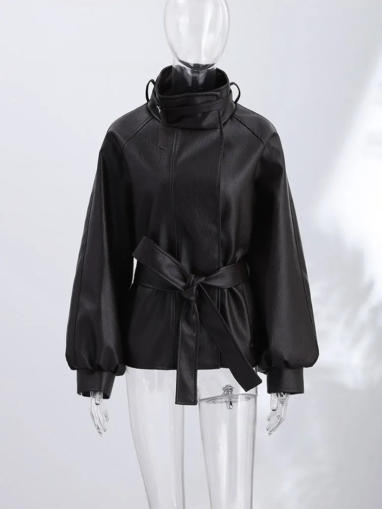 Women’s PU Leather Jacket – High Neck Long-Sleeve Coat with Single-Breasted Closure & Belted Loose Fit, Chic Autumn Outerwear