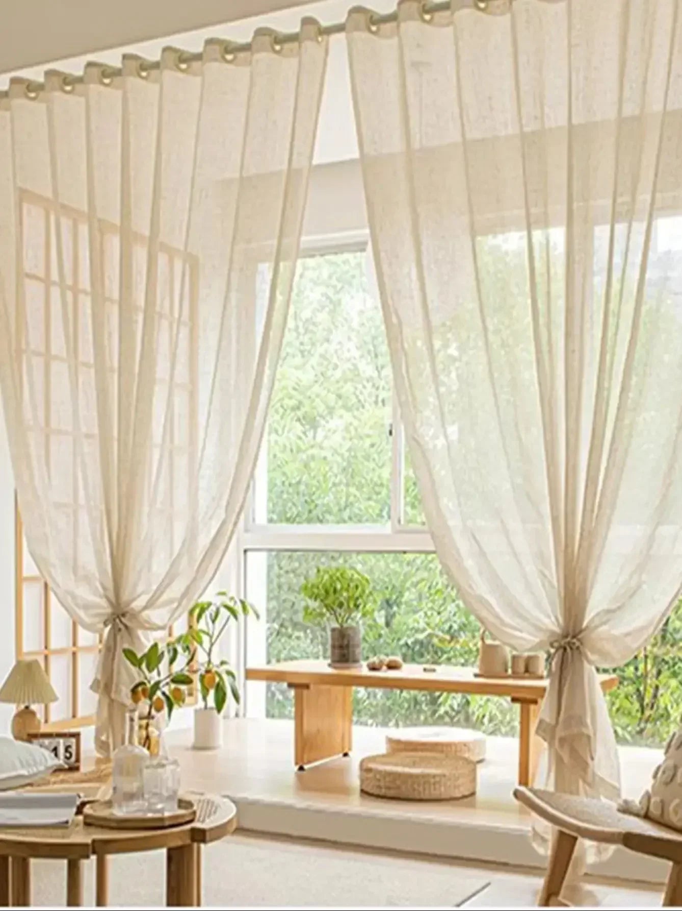 Voilages sur mesure aspect lin – Panneaux de fenêtre filtrant la lumière avec protection UV