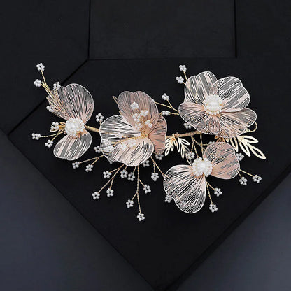 Vintage Gold Floral Bridal Headband with Pearls – Fairy Wedding Tiara for Brides, Prom & Special Occasions