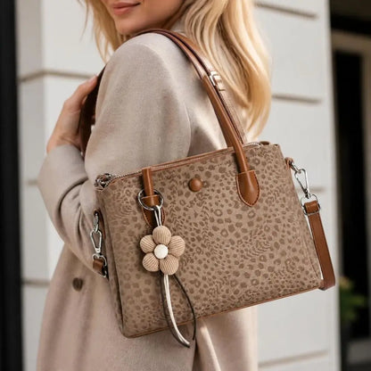 Women's PU Leopard Print Handbag – Large-Capacity Multi-Layer Shoulder & Hand Carry Bag with Textured Finish and Pendant Detail