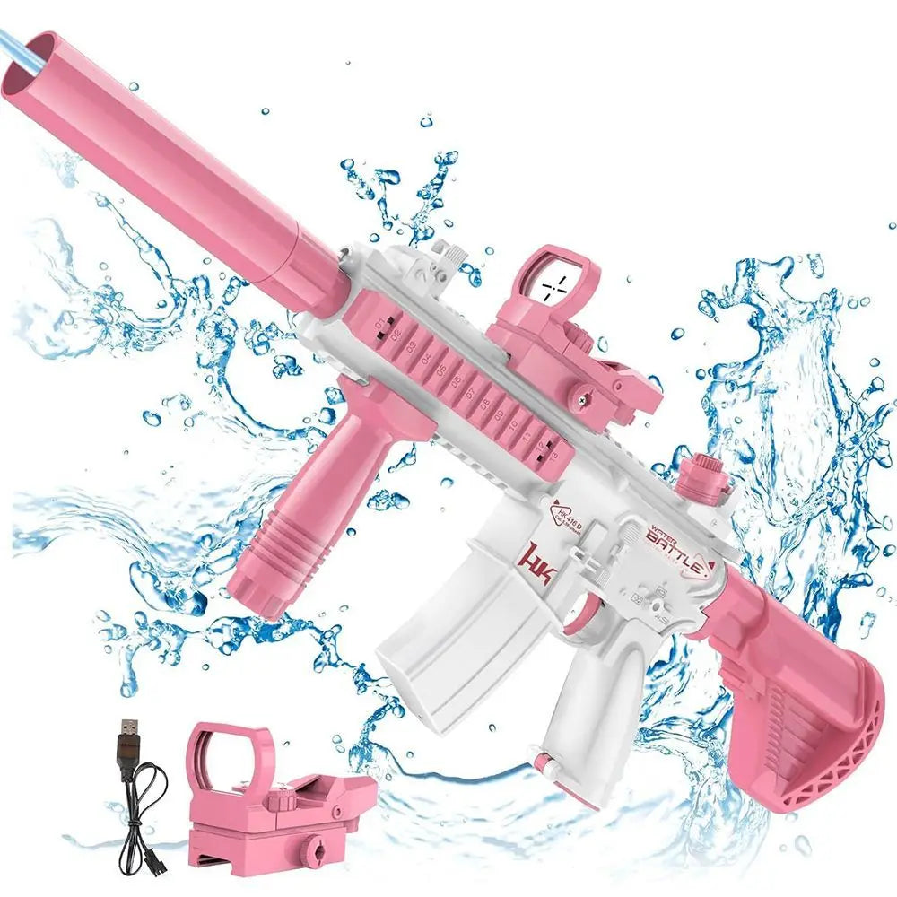 Pistola de agua eléctrica Unilabo M416 – Lanza agua automática a batería con accesorio de botella externa para diversión veraniega al aire libre para niños y adultos