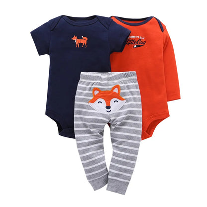 3PCS Baby Bodysuit Set – Soft Cotton Long & Short Sleeve Infant Rompers with Comfortable PP Pants for Baby Boys & Girls
