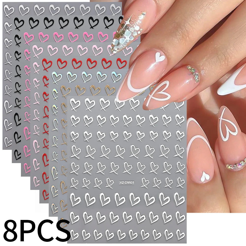 8-Sheet 3D Heart Nail Stickers – Cute Pink Black White Gold Self-Adhesive Nail Art Decals (8×10cm)