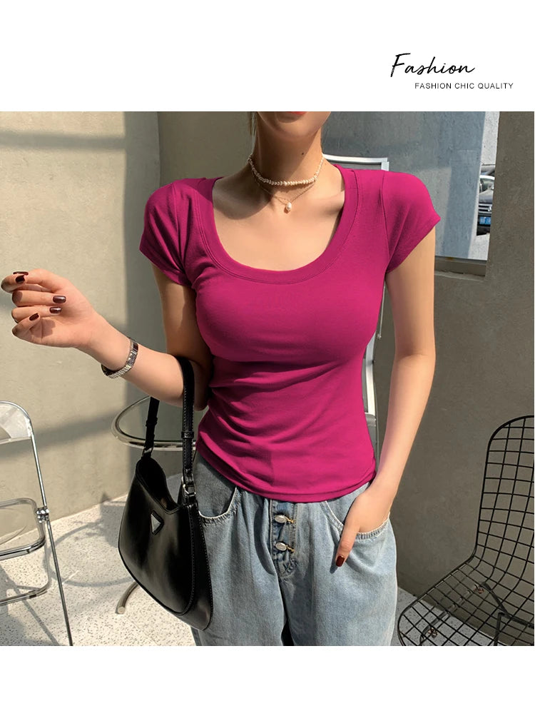 2026 Summer Women’s 100% Cotton Slim T-Shirt Casual Basic O-Neck Solid Korean Style Tee 16 Colors