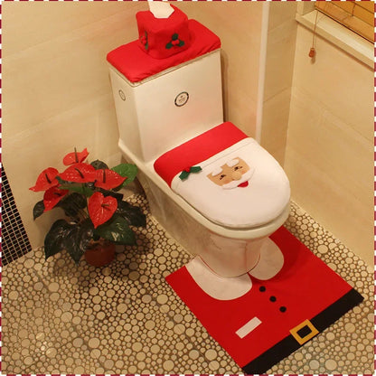 3PCS Christmas Bathroom Decor Set – Festive Toilet Seat Cover, Tank Cover & Bathroom Rugs for Indoor Home Holiday Decoration