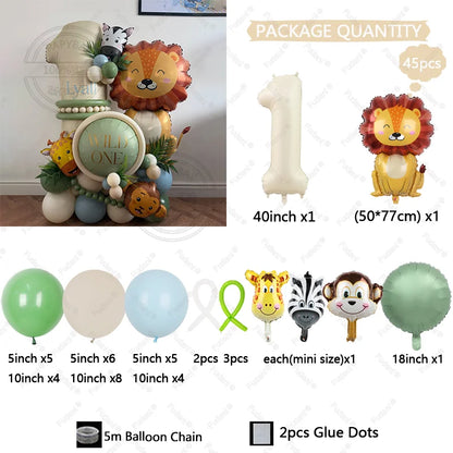 45PCS Jungle Animal Balloon Set – Lion & Giraffe Cream White Number Balloons for Birthday Party Decorations | Safari Theme Celebration Supplies