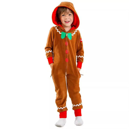 Gingerbread Christmas Costume Hooded Zipper Jumpsuit for Men, Women and Kids, Long Sleeve Holiday Cosplay Outfit for Christmas Parties, Theme Events and Dress-Up Role Play