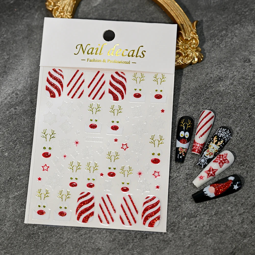 Christmas Nail Art Stickers – Red Glitter Snowflake, Elk & Snowman Self-Adhesive Holiday Manicure Decals (1–12pcs)