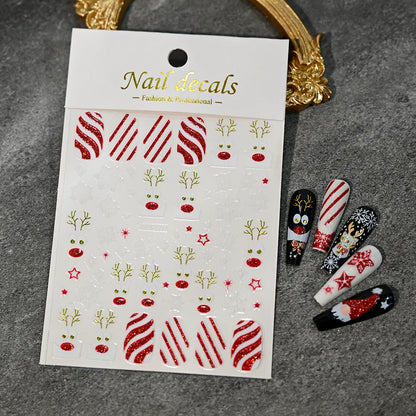 Christmas Nail Art Stickers – Red Glitter Snowflake, Elk & Snowman Self-Adhesive Holiday Manicure Decals (1–12pcs)
