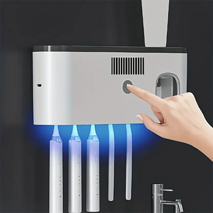 Wall-Mounted Smart Toothbrush Holder – 5-Slot Toothbrush Sterilizer with Integrated Toothpaste Dispenser, Bathroom Storage Rack & Organizer