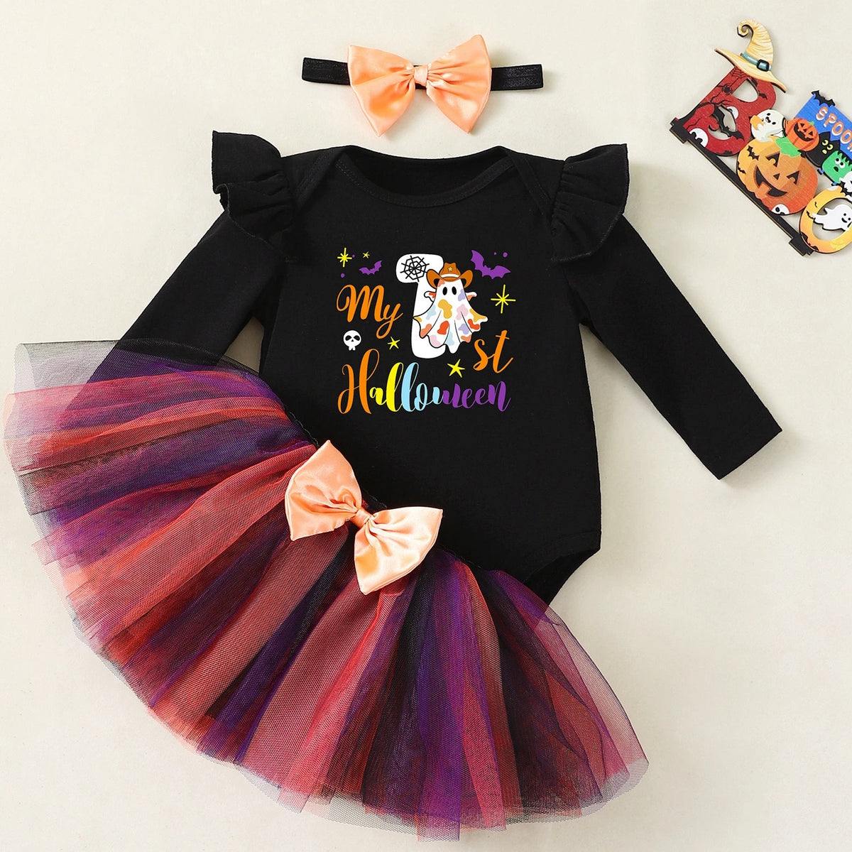 My First Halloween Baby Girl Costume – Long-Sleeve Ghost Bodysuit with Tutu Skirt, Bow Headband, 0–3M Infant Outfit
