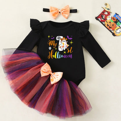 My First Halloween Baby Girl Costume – Long-Sleeve Ghost Bodysuit with Tutu Skirt, Bow Headband, 0–3M Infant Outfit