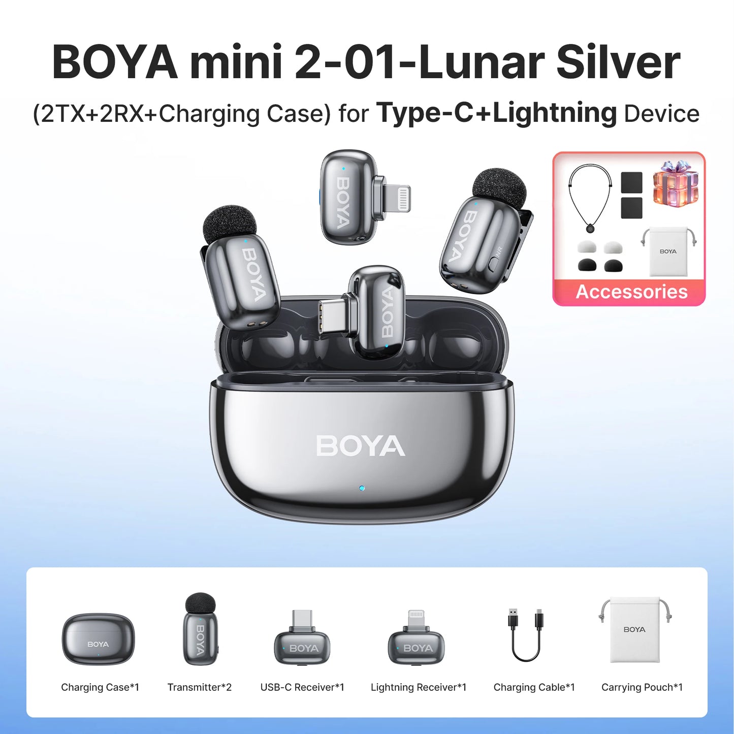 BOYA Mini 2 Wireless Lavalier Microphone – Mini Clip-On Mic with AI Noise Reduction for iPhone, Android & USB-C Video Recording