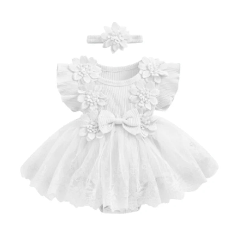 Vestido de mameluco 3D con flores para bebé – Body de malla de princesa de verano con volantes de encaje, conjunto de recién nacido con diadema a juego, ropa linda para niños para ocasiones especiales y uso diario