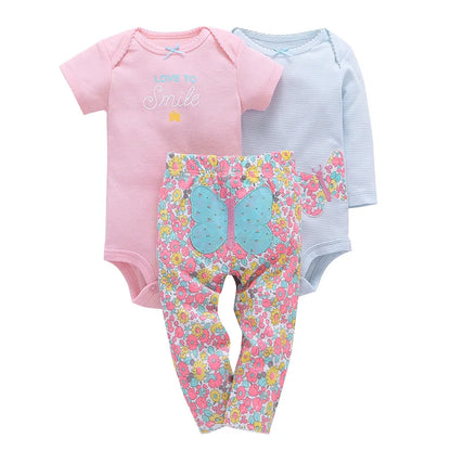 3PCS Baby Bodysuit Set – Soft Cotton Long & Short Sleeve Infant Rompers with Comfortable PP Pants for Baby Boys & Girls