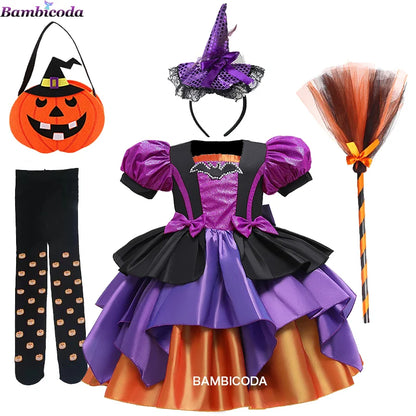 Girls Pumpkin Halloween Costume Dress – Fancy Bat Print Witch Princess Ball Gown for Cosplay, Festival & Party