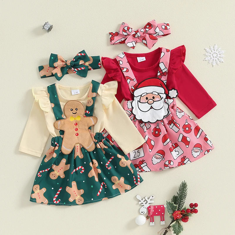 Baby Girl Christmas Outfit Set – Ruffle Long-Sleeve Romper with Santa, Gingerbread & Striped Suspender Skirt, Headband