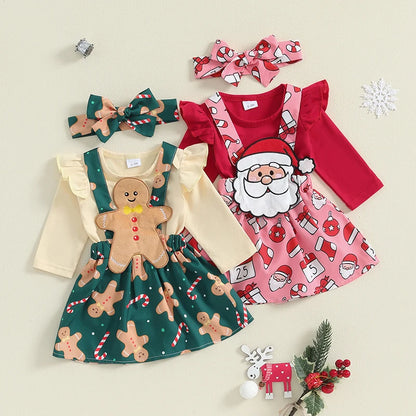 Baby Girl Christmas Outfit Set – Ruffle Long-Sleeve Romper with Santa, Gingerbread & Striped Suspender Skirt, Headband