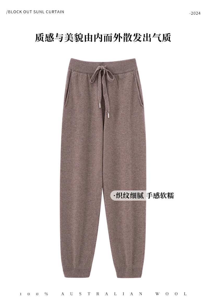 Pantalones de cachemir 100 % pura lana para mujer, de punto, sueltos, de cintura alta, con puños, para otoño e invierno, de corte recto y ajustado