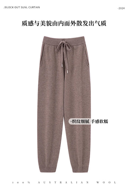 Pantalones de cachemir 100 % pura lana para mujer, de punto, sueltos, de cintura alta, con puños, para otoño e invierno, de corte recto y ajustado